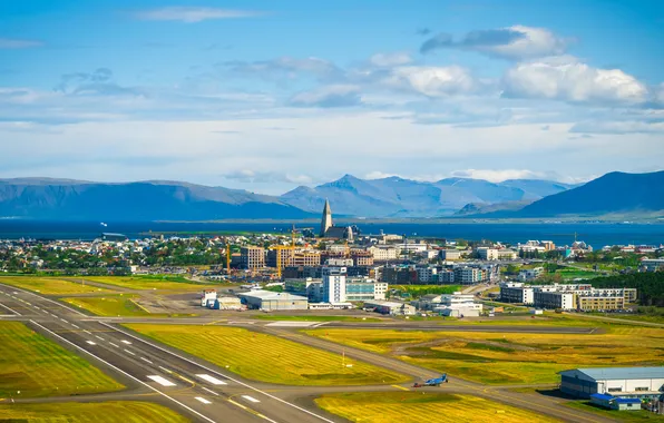 Coast, mountains, clouds, airport, houses, plane, Iceland, Reykjavik