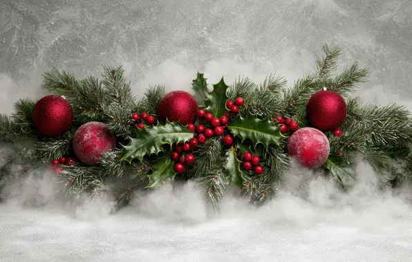 Frost, leaves, balls, branches, berries, fruit, Christmas, red