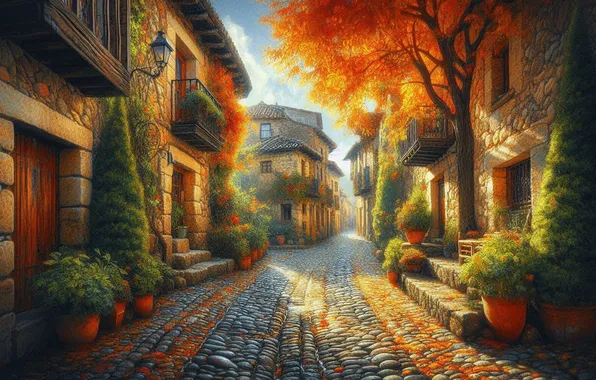 Autumn, light, trees, the city, street, tile, building, home
