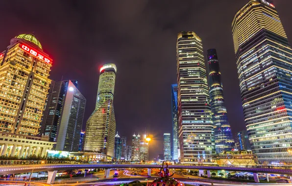 Night, skyscrapers, The city, China, Shanghai, night city