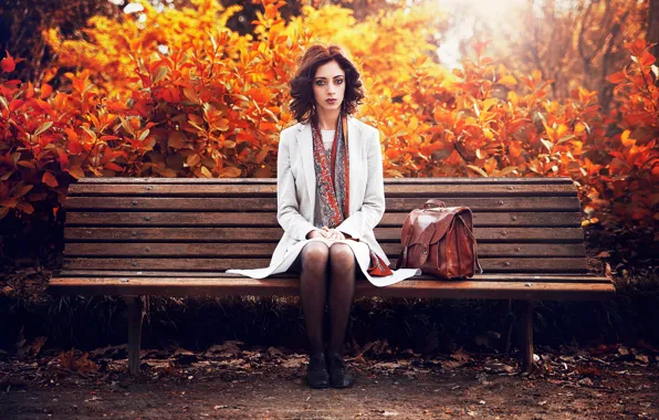 Picture autumn, France, fashion, scarf, redhead, coat, beauty, bordeaux