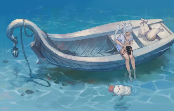 Girl, Lake, Boat, Cat, Neko
