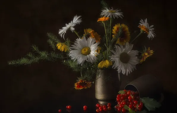 Flowers, berries, table, chamomile, bouquet, yellow, mug, mugs