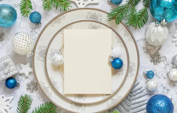 Balls, decoration, snowflakes, table, holiday, blue, Christmas, plates
