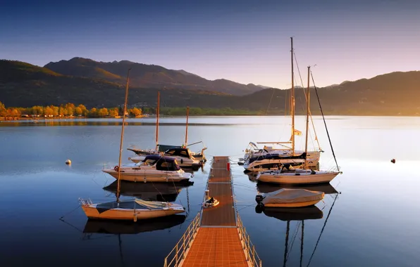 Landscape, bridge, lake, boats