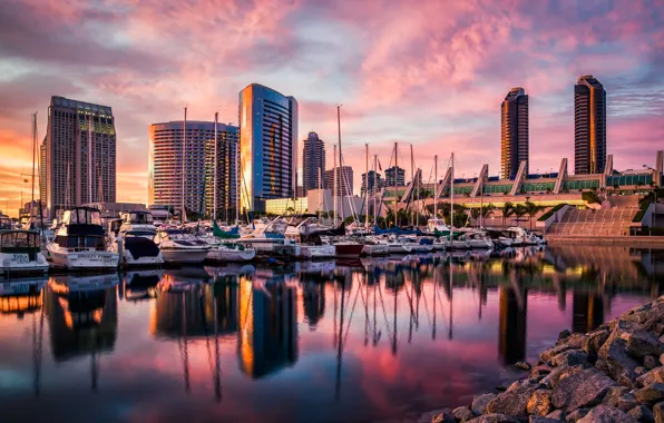 Sunset, building, boats, CA, USA, California, San Diego, San Diego