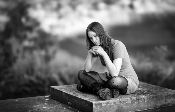 Picture long hair, dress, woman, young, beautiful, model, black and white, Charming