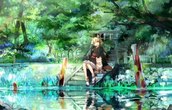 Picture girl, trees, nature, river, dog, anime, art, ladder