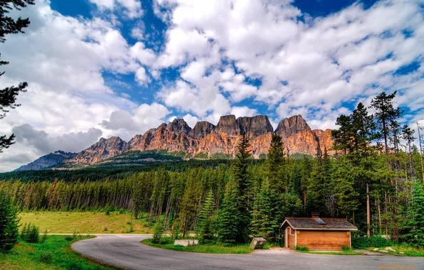 The sky, clouds, trees, house, Canada, Albert, Castle Mountain, Castle hill