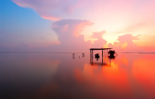 Picture sea, the sky, clouds, sunset, lake, reflection, boat