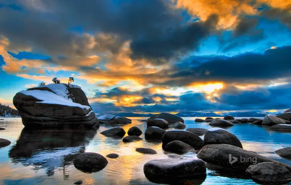 Picture winter, the sky, clouds, snow, sunset, rock, lake, stones
