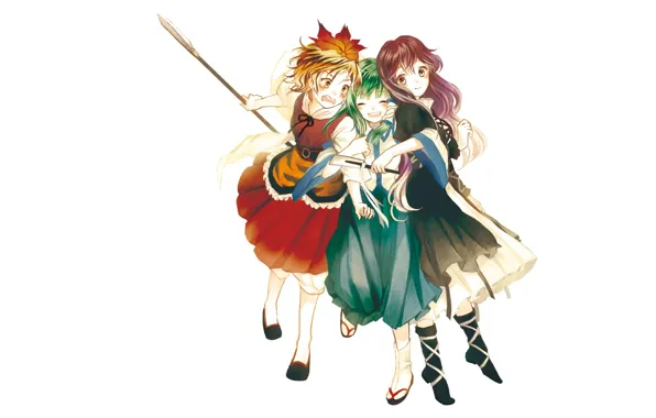 Smile, white background, green hair, friend, hugs, Kochi Have Done The Art, Touhou Project, Project …