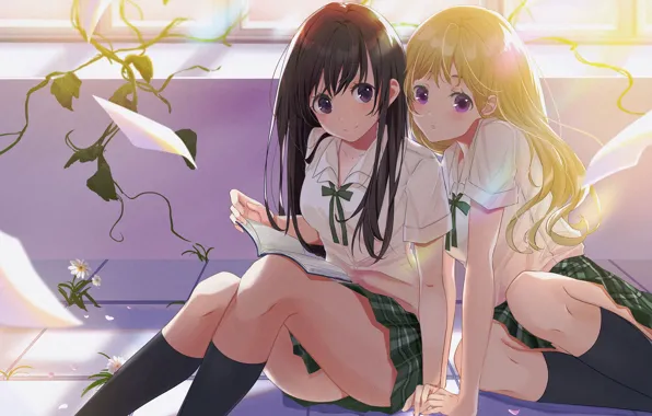 Girls, window, Schoolgirls, sheets, the rays of the sun