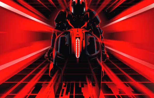 Fiction, art, helmet, racer, red background, Tron: Ares, Throne: Ares