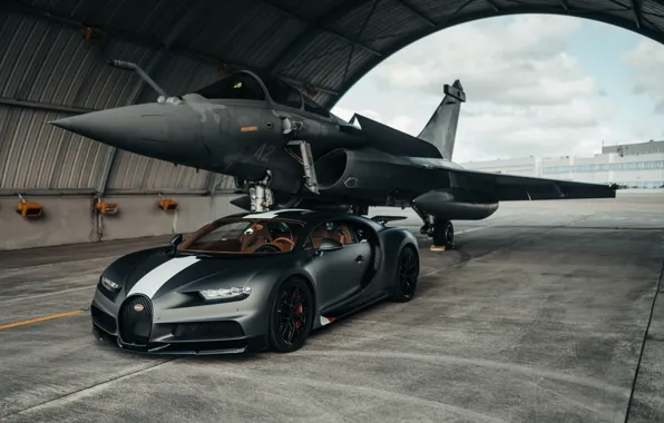 Fighter, Bugatti, Grey, Hangar, Car, Grey, Hypercar, Dassault Rafale