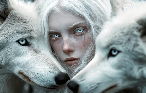 Look, girl, wolves, white, white hair, albino, white eyes, direwolves