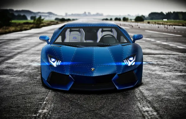 Blue, Lamborghini, blue, front, LP700-4, Aventador, LB834, runway