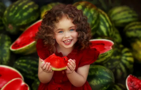 Look, face, smile, mood, girl, curls, curls, watermelons