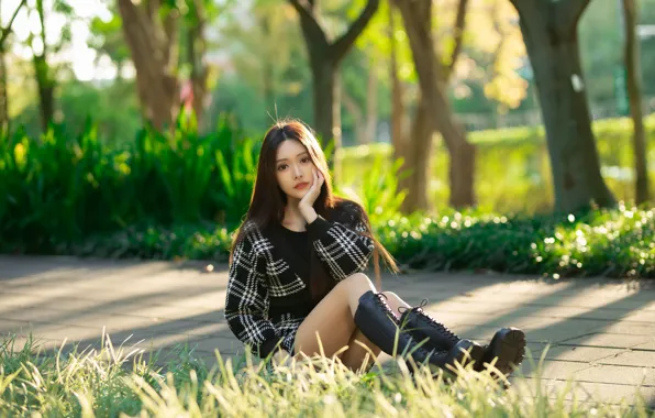 Picture grass, look, the sun, trees, pose, model, portrait, boots