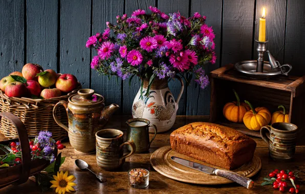 Picture flowers, basket, apples, candle, kettle, Cup, pumpkin, pitcher