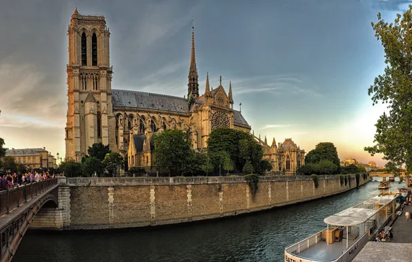 The sky, trees, river, people, France, Paris, Cathedral, temple