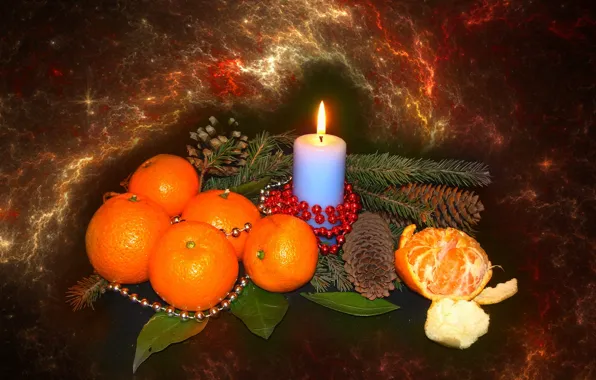 Mood, candle, spruce, tangerines, author's photo by Elena Anikina, Christmas still life