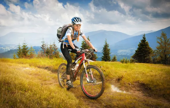 Picture grass, girl, clouds, trees, landscape, mountains, bike, sport