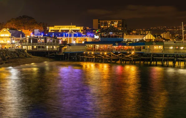 Picture sea, night, lights, coast, home, lights, CA, USA