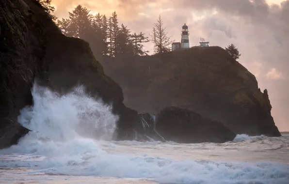 Sea, clouds, trees, squirt, rocks, shore, lighthouse, surf