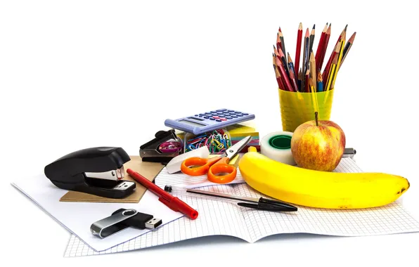 Paper, Apple, pencils, white background, handle, fruit, banana, notebook