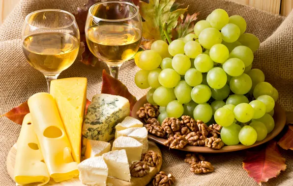 Wine, Board, glass, cheese, plate, grapes, fabric, nuts