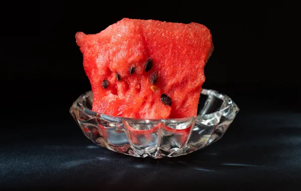 Glass, red, table, watermelon, black background, seeds, piece, vase