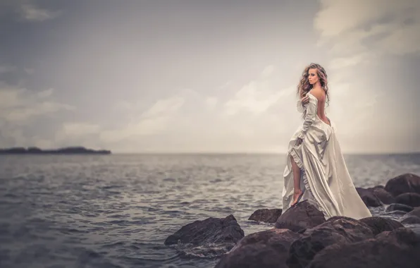 Sea, girl, stones, dress, horizon