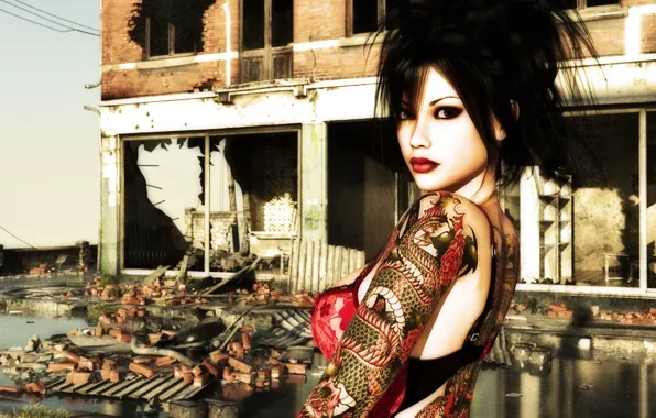Picture girl, dragon, makeup, tattoo, hairstyle, destroyed building
