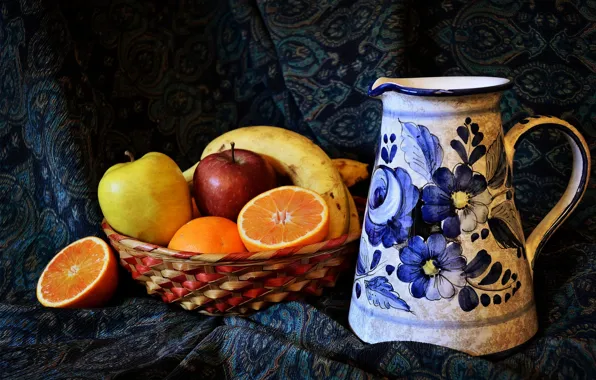 Apple, orange, pitcher, fruit, banana, quince