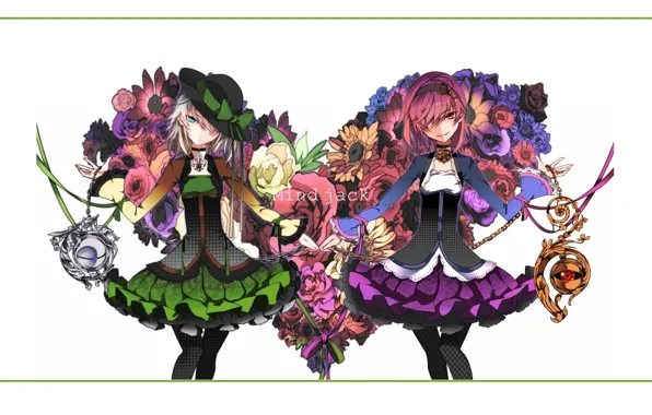 Tape, hat, corset, a bouquet of flowers, sisters, bangs, Touhou Project, Komeiji Satori