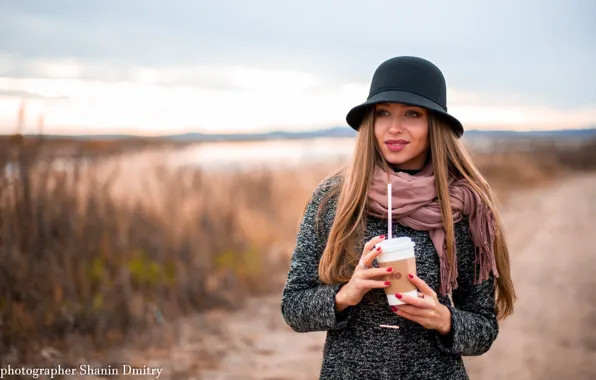 Autumn, the sky, look, girl, clouds, landscape, smile, coffee