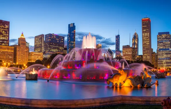 The sky, design, lights, home, the evening, Chicago, panorama, fountain