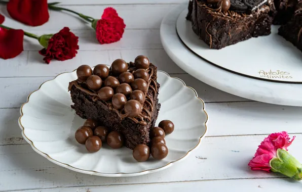 Flowers, plate, cake, carnation, chocolate, piece, chocolate balls