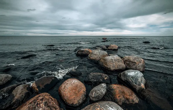 Sea, the sky, clouds, river, stones, overcast, shore, horizon
