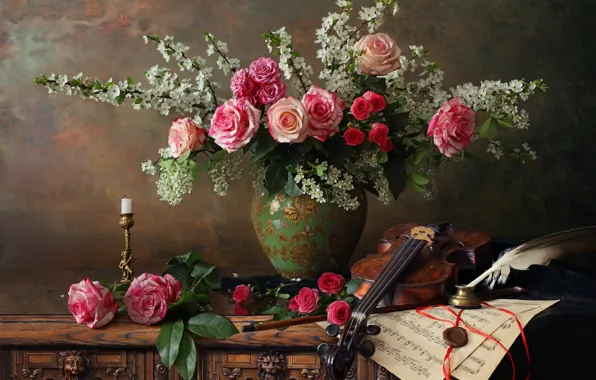 Picture flowers, branches, notes, pen, violin, roses, candle, vase