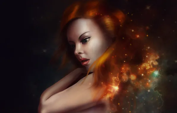 Look, girl, stars, face, the universe, hair, art, red