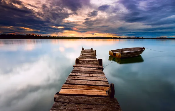 Picture the sky, clouds, sunset, clouds, lake, surface, boat, the evening