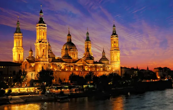 The sky, night, bridge, lights, Spain, Zaragoza, Basílica de Nuestra Señora del Pilar, the river …
