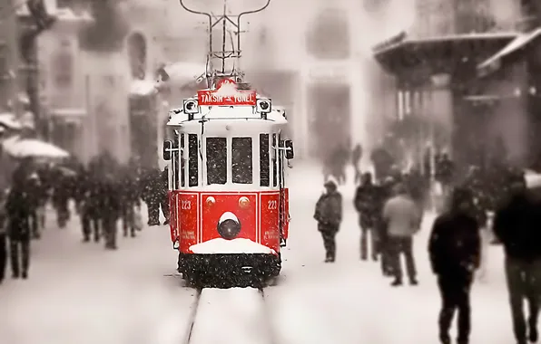 Snow, people, rails, Winter, tram