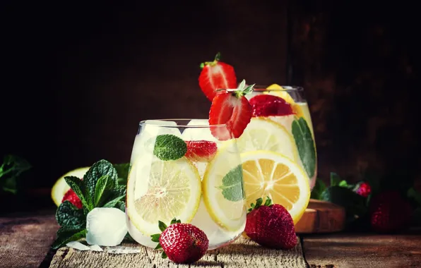 Board, glasses, strawberry, drink, mint, lemons, slices, lemonade