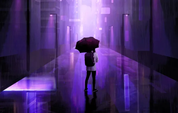 Road, the city, rain, people, building, umbrella, lights, male