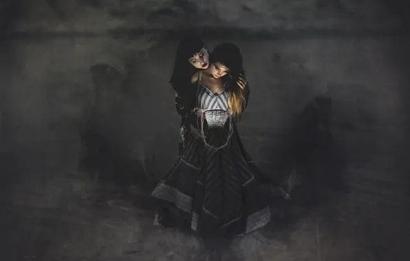 Picture look, girl, light, pose, darkness, two, dress, twilight