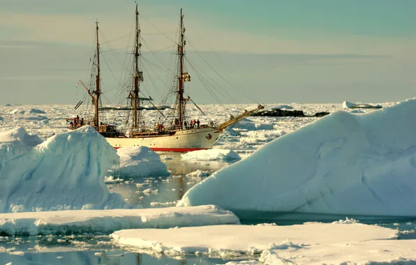 Sailboat, ice, icebergs, expedition