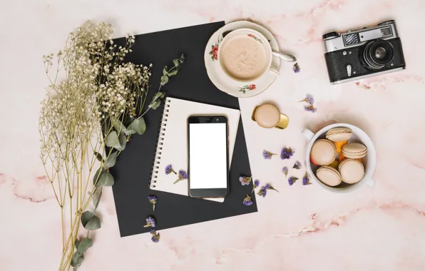 Flowers, coffee, the camera, Notepad, macaron